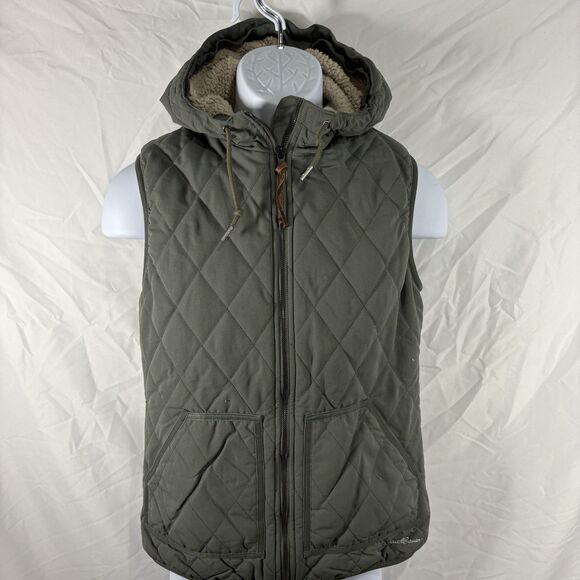 Eddie Bauer Women's S Sherpa-Lined Quilted Vest Hooded Winter Outdoor Green - Picture 1 of 16